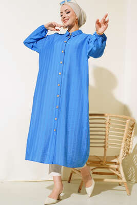 Pazarium - Boydan Tahta Düğmeli Uzun Tunik Mavi
