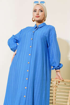 Boydan Tahta Düğmeli Uzun Tunik Mavi - Thumbnail