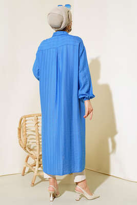 Boydan Tahta Düğmeli Uzun Tunik Mavi - Thumbnail