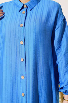 Boydan Tahta Düğmeli Uzun Tunik Mavi - Thumbnail