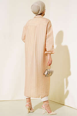 Boydan Tahta Düğmeli Uzun Tunik Bej - Thumbnail