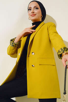 Astarı Leoparlı Kruvaze Ceket Yağ Yeşili - Thumbnail