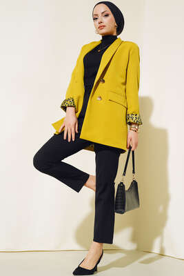 Astarı Leoparlı Kruvaze Ceket Yağ Yeşili - Thumbnail