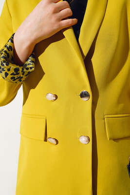 Astarı Leoparlı Kruvaze Ceket Yağ Yeşili - Thumbnail