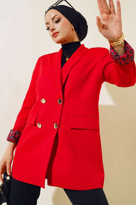 Astarı Leoparlı Kruvaze Ceket Kırmızı - Thumbnail