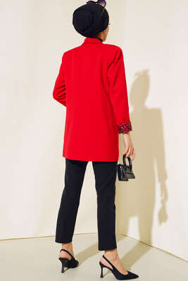 Astarı Leoparlı Kruvaze Ceket Kırmızı - Thumbnail