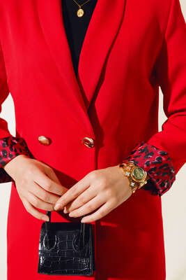 Astarı Leoparlı Kruvaze Ceket Kırmızı - Thumbnail