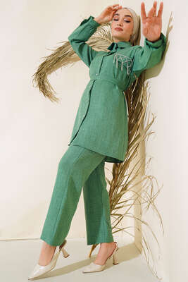 Pazarium - Cep Taş Detaylı Keten İkili Takım Yeşil