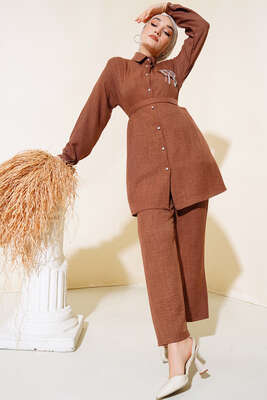 Pazarium - Cep Taş Detaylı Keten İkili Takım Kahve