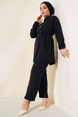 Taş İşlemeli Keten İkili Takım Siyah - Thumbnail