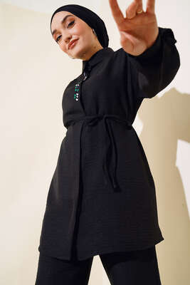 Taş İşlemeli Keten İkili Takım Siyah - Thumbnail