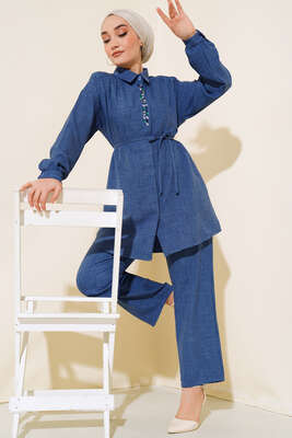 Pazarium - Taş İşlemeli Keten İkili Takım İndigo