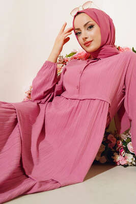 Gömlek Yaka Pileli Elbise Gül Kurusu - Thumbnail