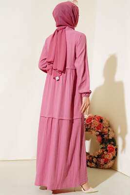 Gömlek Yaka Pileli Elbise Gül Kurusu - Thumbnail