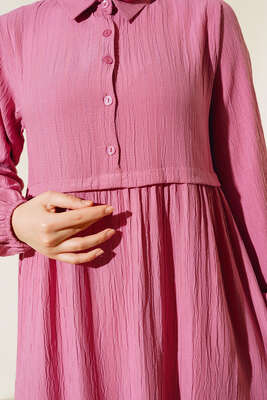 Gömlek Yaka Pileli Elbise Gül Kurusu - Thumbnail