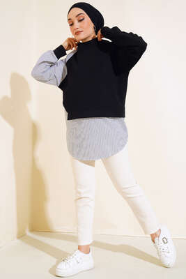 Çizgili Garnili Tunik Siyah - Thumbnail