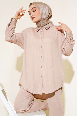 Yaka Çiçek Taşlı Takım Bej - Thumbnail