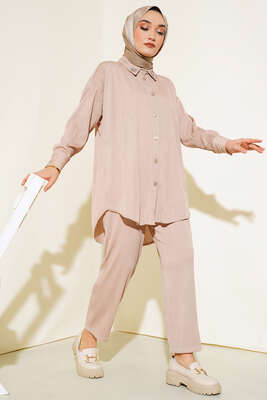 Yaka Çiçek Taşlı Takım Bej - Thumbnail