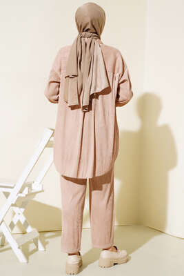 Yaka Çiçek Taşlı Takım Bej - Thumbnail