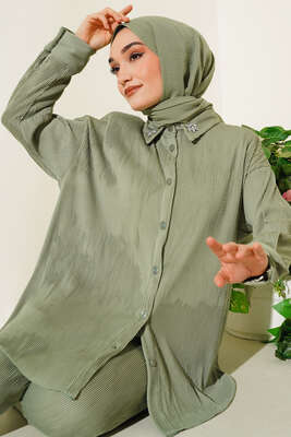 Yaka Çiçek Taşlı Takım Çağla Yeşili - Thumbnail