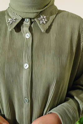 Yaka Çiçek Taşlı Takım Çağla Yeşili - Thumbnail