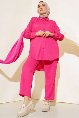 Yaka Çiçek Taşlı Takım Fuşya - Thumbnail