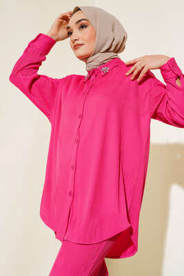 Yaka Çiçek Taşlı Takım Fuşya - Thumbnail