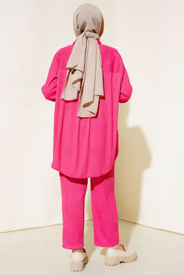 Yaka Çiçek Taşlı Takım Fuşya - Thumbnail