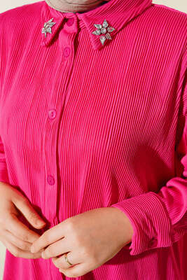 Yaka Çiçek Taşlı Takım Fuşya - Thumbnail