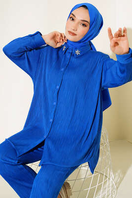 Yaka Çiçek Taşlı Takım Saks - Thumbnail