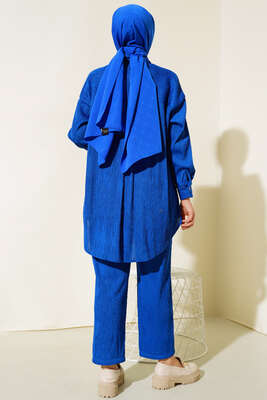 Yaka Çiçek Taşlı Takım Saks - Thumbnail