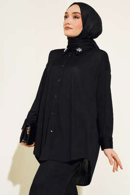 Yaka Çiçek Taşlı Takım Siyah - Thumbnail