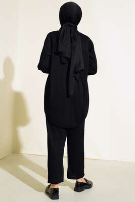 Yaka Çiçek Taşlı Takım Siyah - Thumbnail