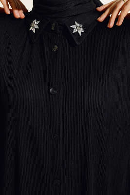 Yaka Çiçek Taşlı Takım Siyah - Thumbnail