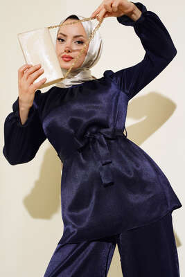 Kuşaklı Parlak İkili Takım Lacivert - Thumbnail