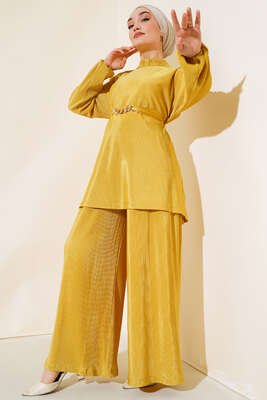 Pazarium - Kuşak Aksesuarlı Takım Hardal 