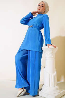 Pazarium - Kuşak Aksesuarlı Takım Saks Mavisi