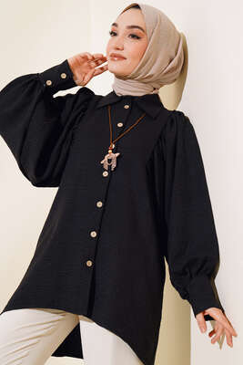 Pazarium - Balon Kol Keten Gömlek Siyah