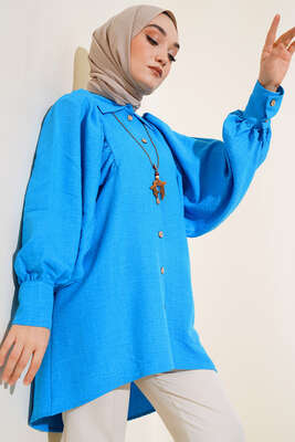 Pazarium - Balon Kol Keten Gömlek Mavi