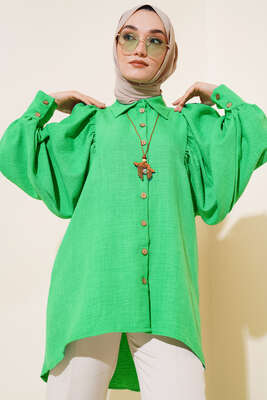 Pazarium - Balon Kol Keten Gömlek Benetton