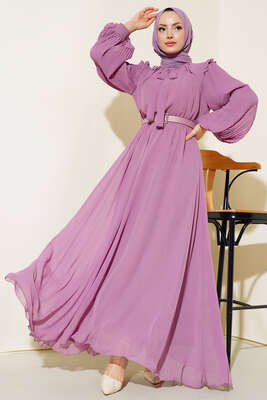 Kolları Piliseli Elbise Gül Kurusu - Thumbnail