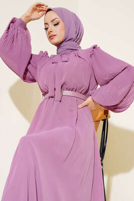 Kolları Piliseli Elbise Gül Kurusu - Thumbnail