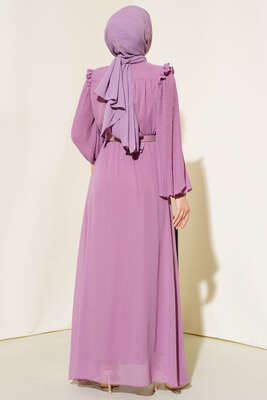 Kolları Piliseli Elbise Gül Kurusu - Thumbnail