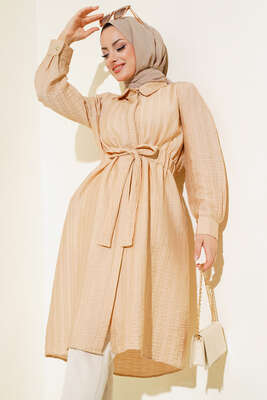 Pazarium - Belden Tünel Bağlamalı Uzun Tunik Bej