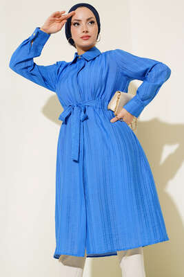 Belden Tünel Bağlamalı Uzun Tunik Mavi - Thumbnail