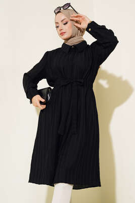 Belden Tünel Bağlamalı Uzun Tunik Siyah - Thumbnail