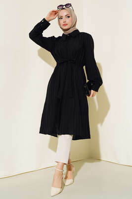 Belden Tünel Bağlamalı Uzun Tunik Siyah - Thumbnail