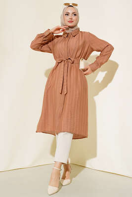 Belden Tünel Bağlamalı Uzun Tunik Latte - Thumbnail