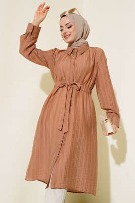 Belden Tünel Bağlamalı Uzun Tunik Latte - Thumbnail