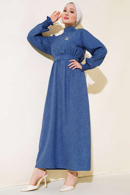 Pazarium - Kolu Piliseli Keten Elbise İndigo